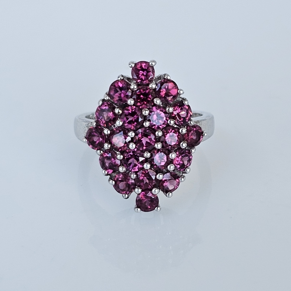 Genuine Rhodolite Garnet Cluster Ring Sterling Silver Size 6!